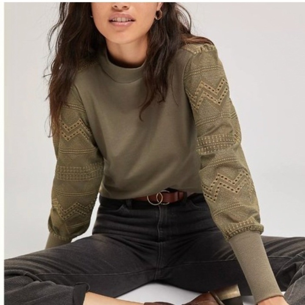 TINY Helen Olive Green Embroidered Sleeve Mock Neck Long Sleeve Top Size Small